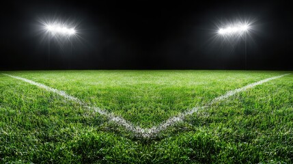 Obraz premium Empty football field at night, illuminated by spotlights. Sports image