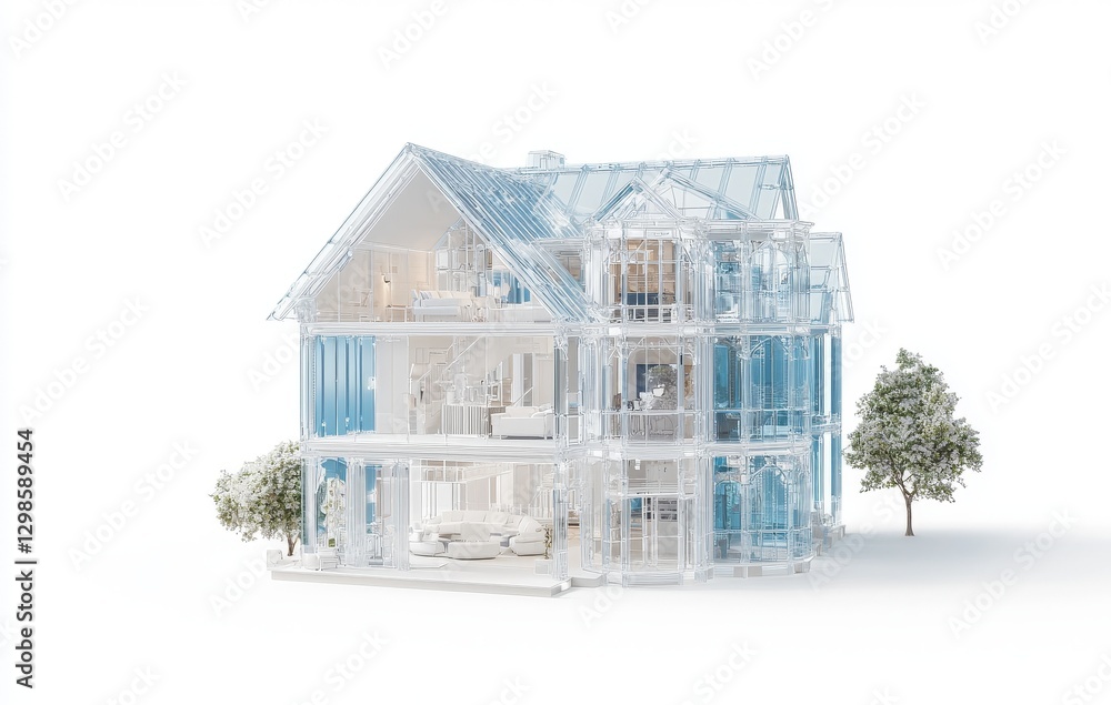 Poster the 3d model of a glass house is isolated on a transparent background, illustrating a modern archite