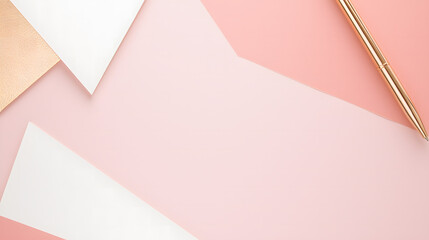 Pink and Gold Geometric Stationery: A stylish minimalist composition featuring pastel pink, gold, and white geometric shapes complemented by a sleek gold pen