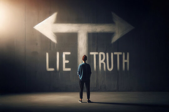 A person stands in front of a dark grey wall with two chalk-drawn arrows: one labeled 'LIE' and the other 'TRUTH.' A thought-provoking image symbolizing the choice between deception and honesty.