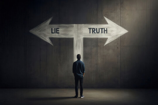 A person stands in front of a dark grey wall with two chalk-drawn arrows: one labeled 'LIE' and the other 'TRUTH.' A thought-provoking image symbolizing the choice between deception and honesty.
