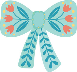Decorative blue bow with cute floral pattern. Beautiful element isolated on white background