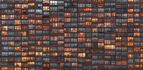At night, the facade of a modern skyscraper presents a seamless appearance, complete with windows and blinds, glowing lights, and dark black exterior walls, all combining to form a high-resolution 3D