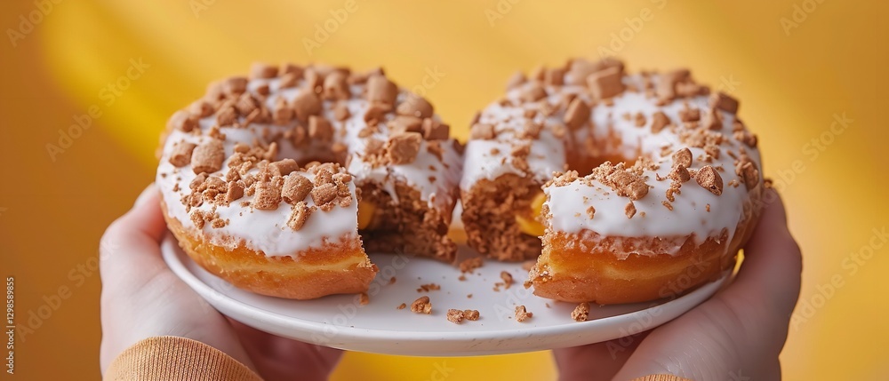 Poster an up-close view of a delicious three s'mores on a white dish with a light yellow backdrop a donut i
