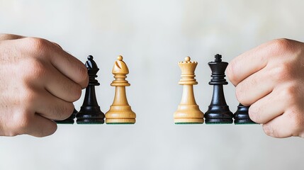 Two Hands Holding Chess Pieces in a Confrontational Chess Position