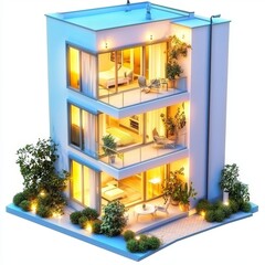 A blue apartment building is depicted with glowing windows and small trees, set against a transparent background