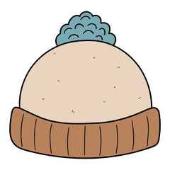 Hand drawn cartoon cute warm hat on white background. Comfortable and cozy clothes for autumn and winter.
