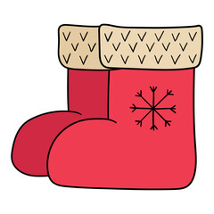 Hand drawn cartoon pair of red christmas socks on white background. Christmas and new year concept.