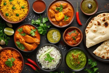 Assorted Indian food on dark wooden background.
