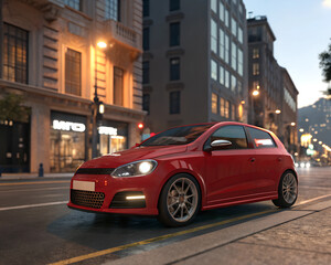 A red hatchback car is parked on a city street during dusk