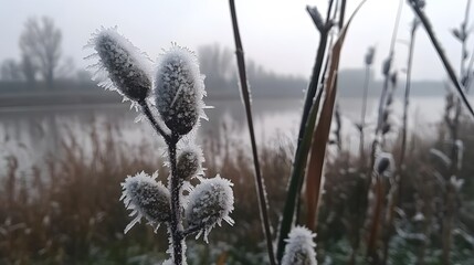 Fototapeta premium Frozen Winter Plant by River, Icy Frost on Seeds, Nature Photography