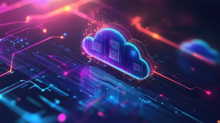 Cloud computing infrastructure with server racks and data transfer lines, futuristic cyber theme