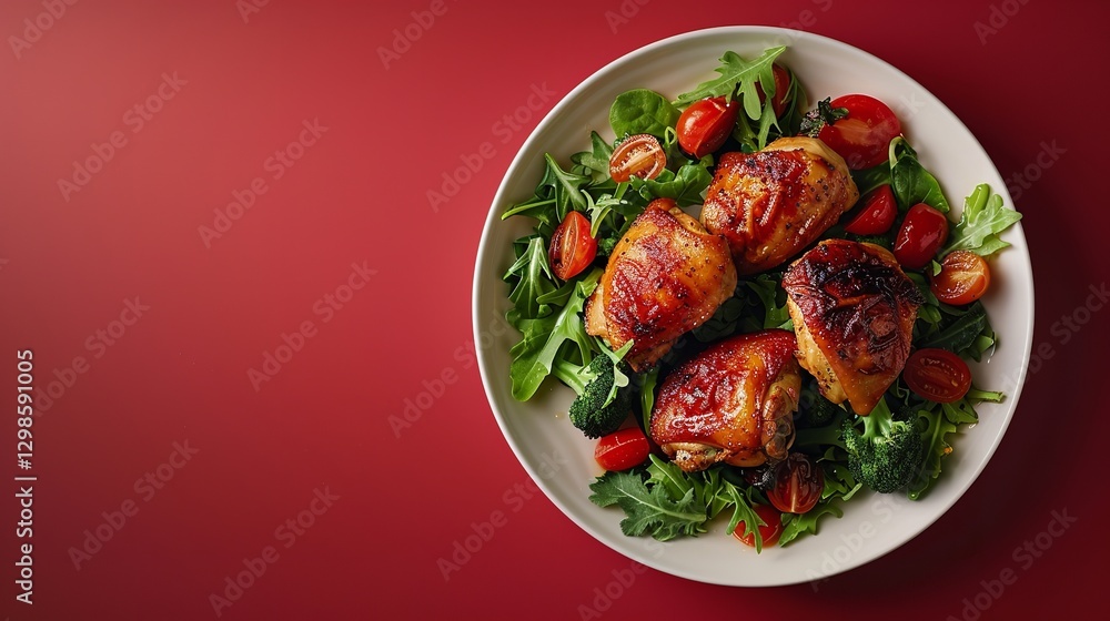 Poster a single serving of bourbon chicken with broccoli in close-up on a spotless dark red backdrop with r