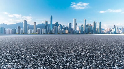City buildings skyline with empty asphalt road in stock