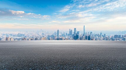 Fototapeta premium Stock photo featuring empty asphalt road and city skyline