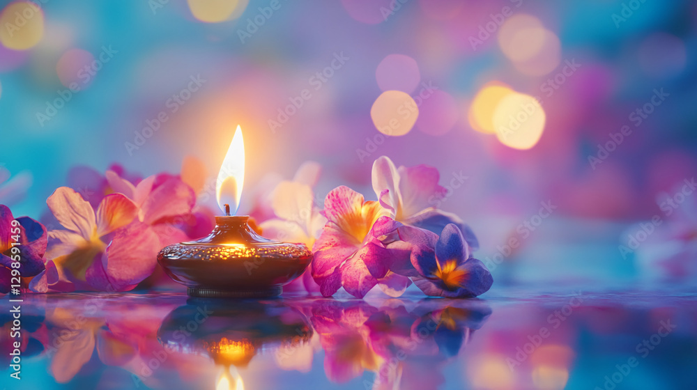 Poster a glowing oil lamp surrounded by colorful flowers, reflecting softly in water, creating a peaceful a