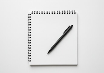 Fototapeta premium A spiral bound white notebook with a black pen placed diagonally on top isolated on white background