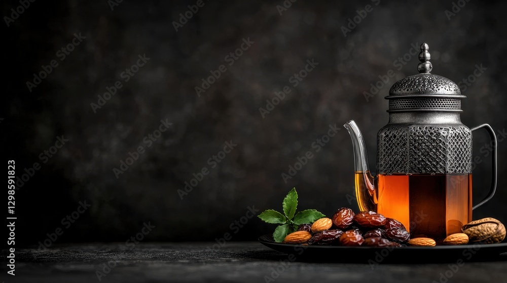 Poster elegant suhoor spread with decorative lanterns and dates on a dark table