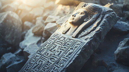 Ancient egyptian stone tablet depicting pharaoh with hieroglyphics at sunset