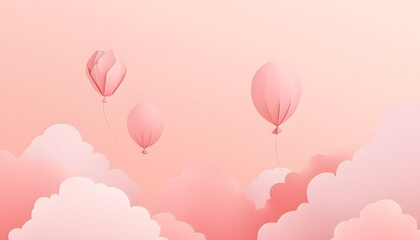Pink balloons and fluffy clouds float in a rosy sky