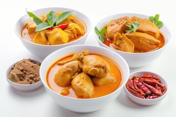 Collage of tasty chicken curry on white background