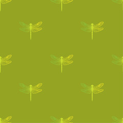 Seamless dragonfly pattern on a green background. Perfect for textiles, wallpapers, and decorative designs.