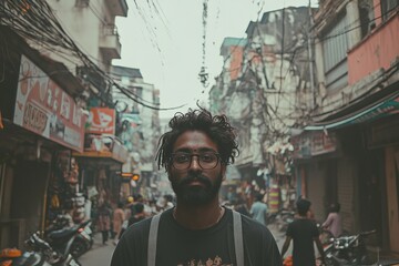 Obraz premium In the vibrant streets of Mumbai, a youthful Indian male embodies androgynous beauty, dressed in a blend of traditional and contemporary clothing