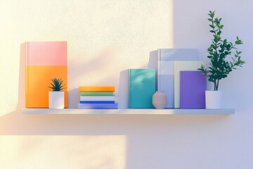 Brightly Colored Books And Plants On A Shelf, Stunning Backdrop For Zoom Virtual Meetings In A Clean Home Office Setting