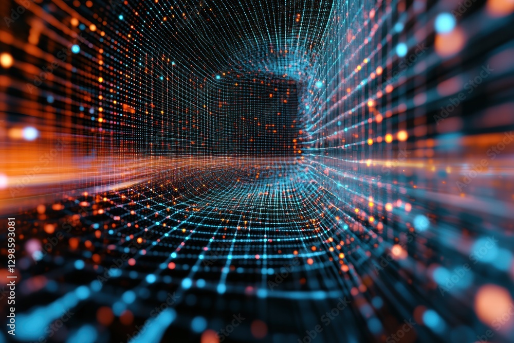 Poster dynamic grid of digital dots and lines creating a 3d visual representation of data flow