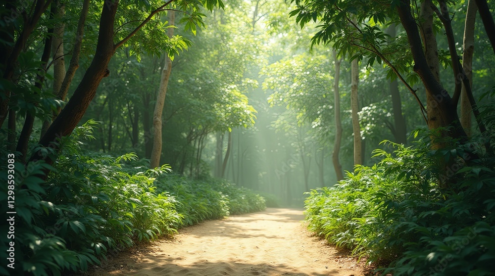 Poster A path through a forest with trees on either side