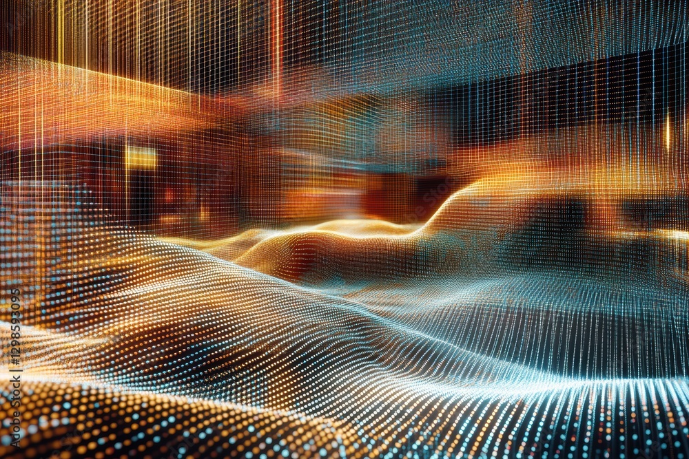 Aufkleber digital landscape formed by interconnected lines and dots with vibrant colors and depth