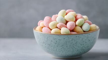 Bowl of pastel sugared almonds, a confectionery classic, minimal elegant presentation