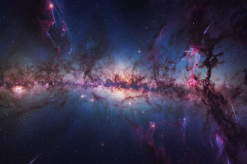 Obraz premium A mesmerizing watercolor galaxy painting with deep blues, purples, and pinks blending seamlessly. Twinkling stars, glowing nebulae, and cosmic dust create a dreamy celestial scene.