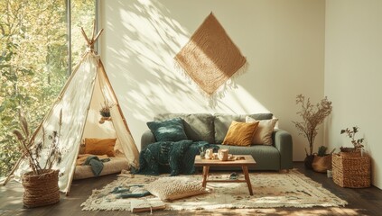 The living room interior features a stylish bohemian composition with a gray sofa and wooden coffee table