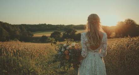 The bride is grasping a bohemian bouquet of flowers set against the backdrop of a sunset field