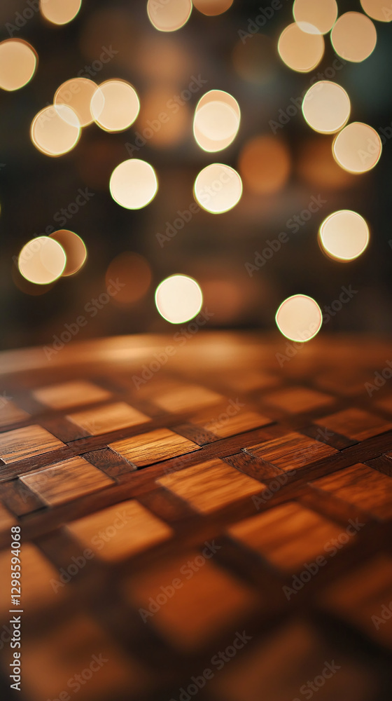 Poster close-up of a wooden chessboard with checkered squares and blurred bokeh light background, symbolizi
