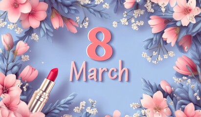 Elegant '8 March' Illustration with Floral and Lipstick Motifs, Spring Background for Women's Day Poster and Greeting Card Design