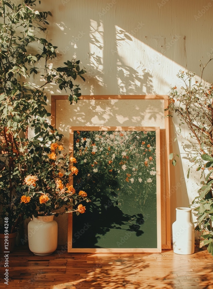 Poster a close-up of a mock-up frame is set against a home interior background with a boho style, created u