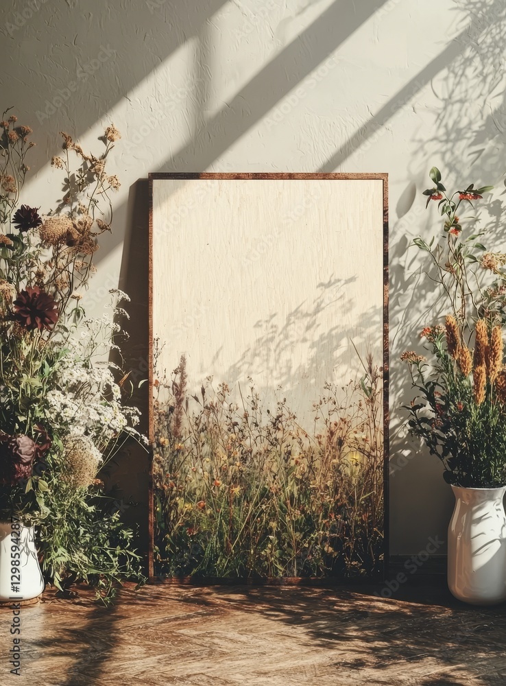 Poster a 3d render of a mock-up frame is presented in close-up, positioned against a distinctive boho style
