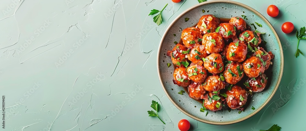 Poster spherical platter of bacon ranch cheese balls with sauce and herbs over a lively green setting tiny 