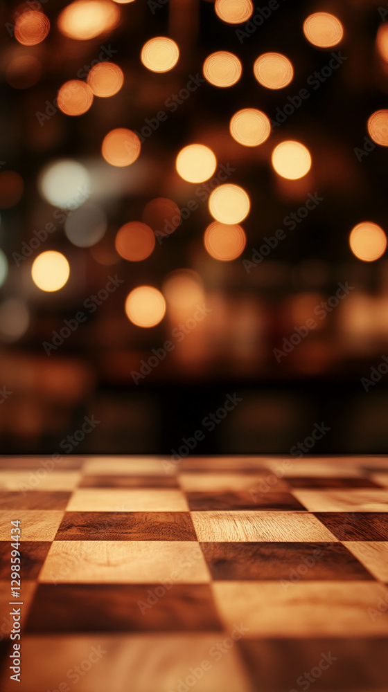 Poster close-up view of a wooden chessboard with blurred golden bokeh lights in the background, symbolizing