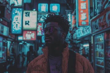 Obraz premium A non-binary individual, wearing sunglasses, is shown standing near a scree, surrounded by data and infographics presented in a striking blue-purple neon color palette, representative of crypto