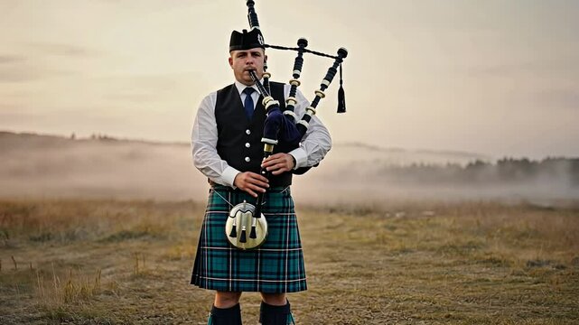 A musician in a kilt plays bagpipes in a field