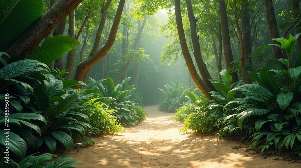 Poster A path through a jungle with trees on either side