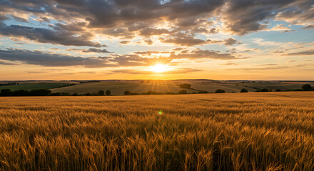 Obraz premium This image captures a golden wheat field bathed in the warm glow of sunset, showcasing a vast and serene scenic landscape with a distant horizon and rolling hills.