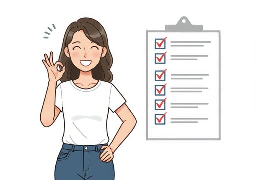 Flat illustration of a smiling young woman in casual attire making an OK hand gesture with a checklist in the background