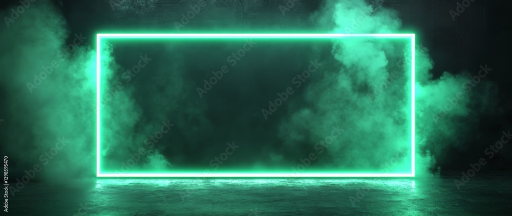 Poster glowing neon green rectangular frame in a dark space with smoky background and empty area for text