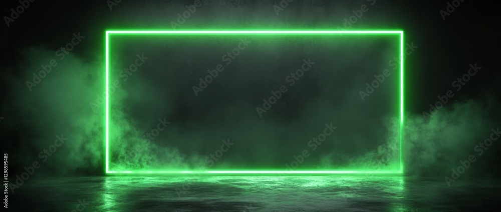 Poster glowing neon green rectangular frame in a dark space with smoky background and empty area for text
