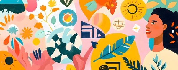 Woman surrounded by abstract floral and nature inspired illustrations