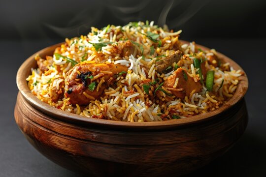 indian chicken biryani  Spicy chicken biryani food photography  flying food  black background.